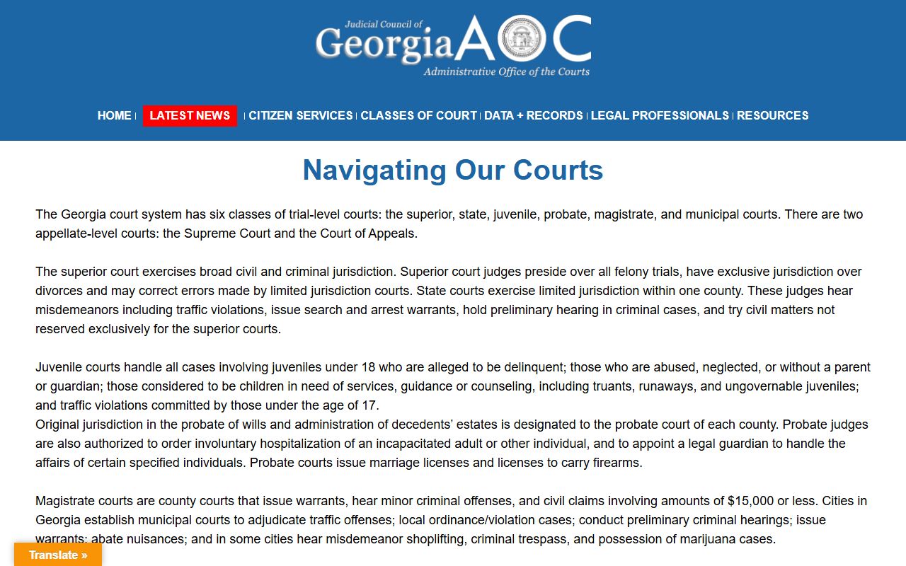 Georgia Courts court structure overview showing trial court classes and navigation resources
