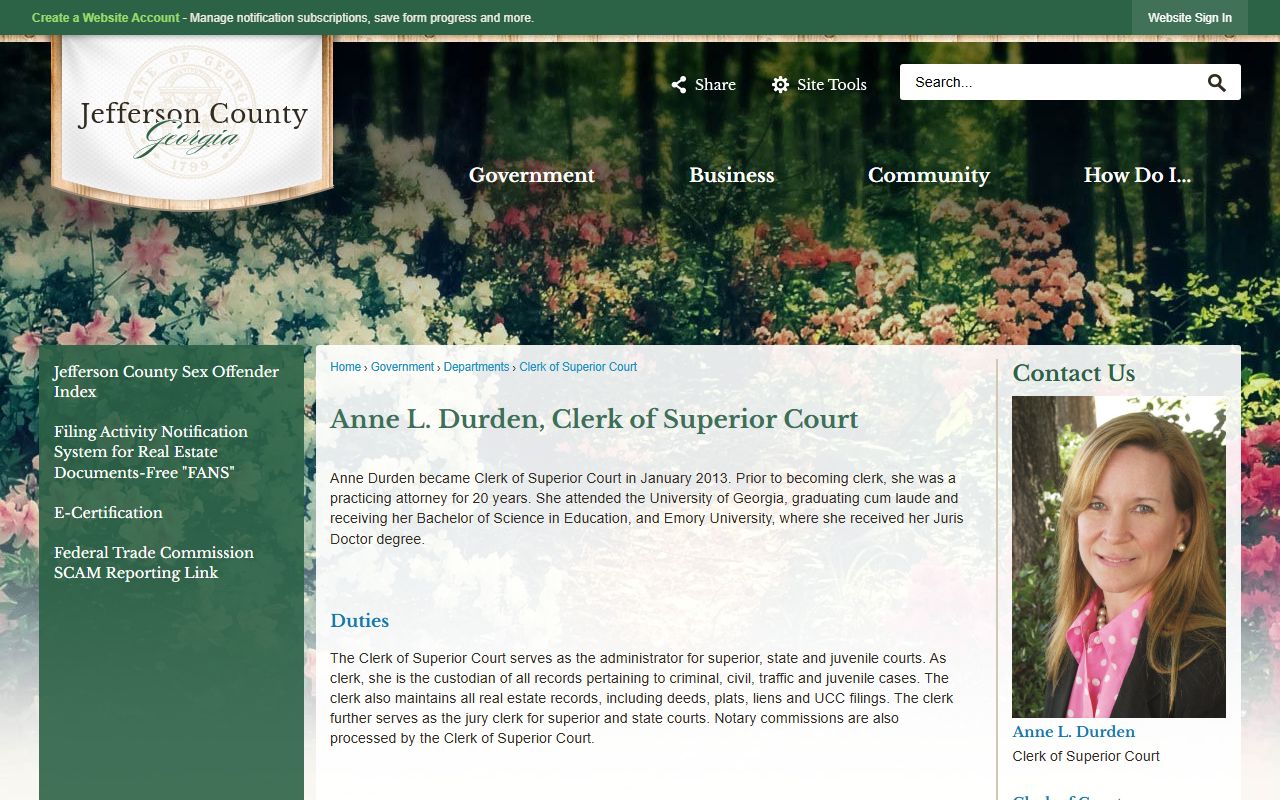 Jefferson County Clerk of Superior Court page showing Anne L. Durden, duties, fees, and e-filing links