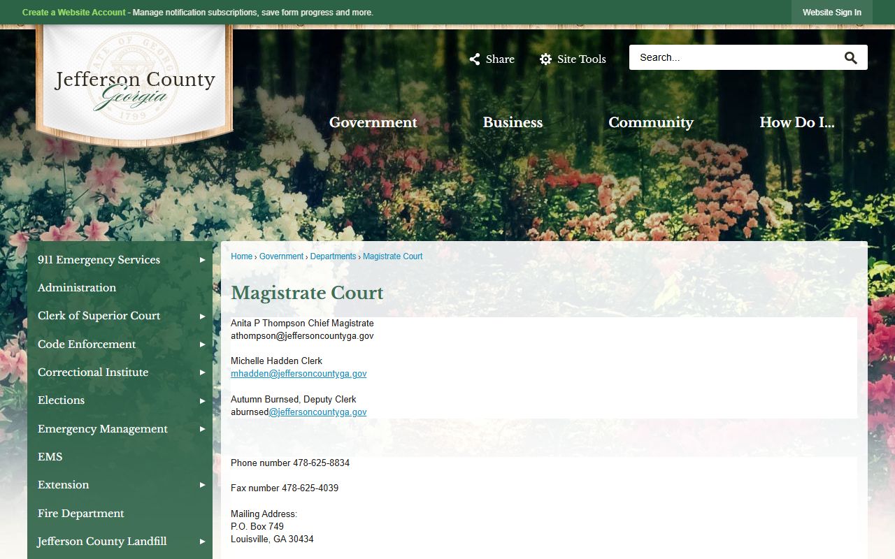 Jefferson County Magistrate Court page with Chief Magistrate Anita P. Thompson and court contact details