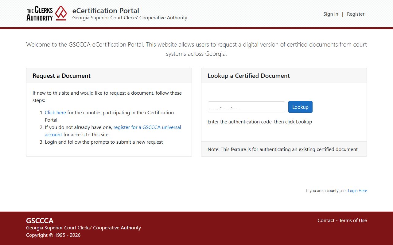 GSCCCA eCertification portal for requesting certified documents and looking up certificate authentication
