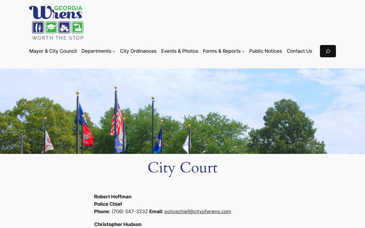 Wrens Municipal Court page showing court clerk contact, appearance rules, and payment instructions
