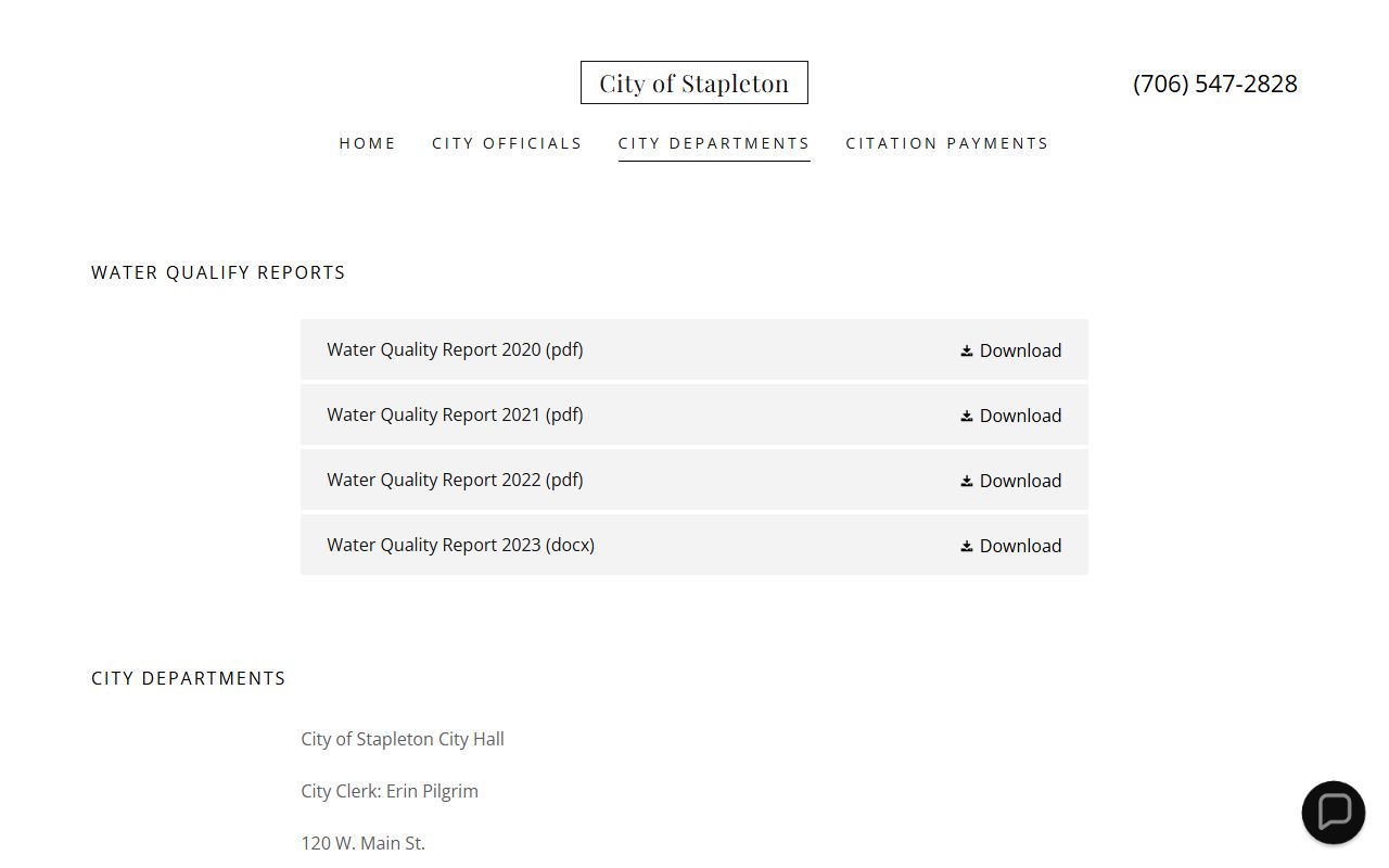 Stapleton city departments page listing municipal court judge, clerk, payment, and failure to appear information