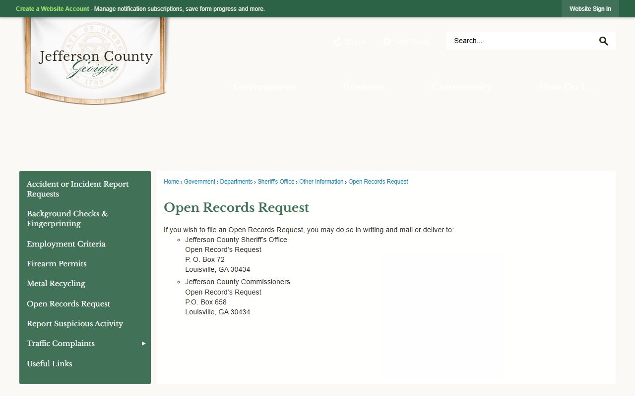 Jefferson County arrest records open records request page