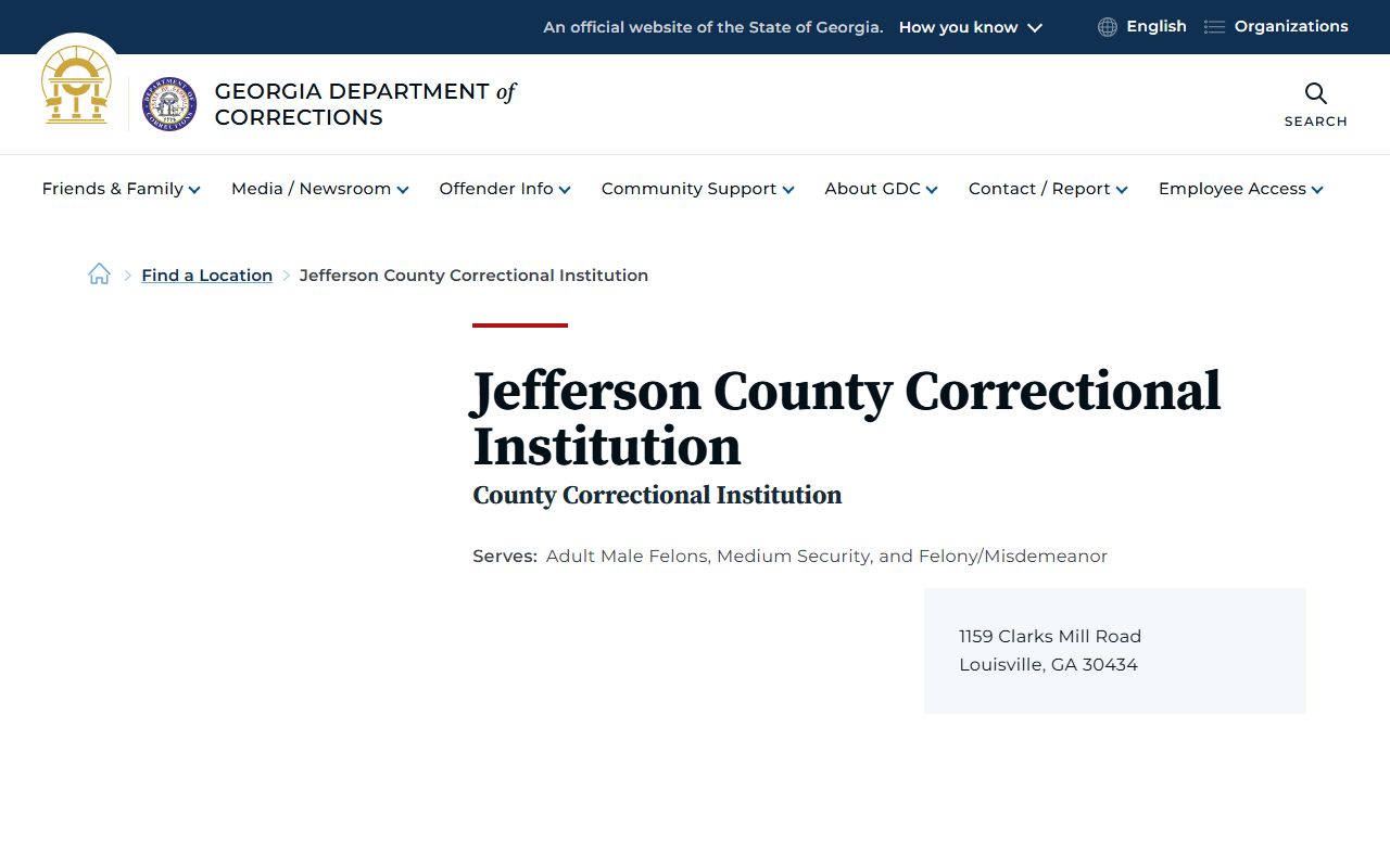 Jefferson County inmate records Correctional Institution GDC page