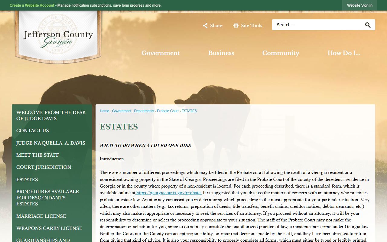 Jefferson County probate records estates page