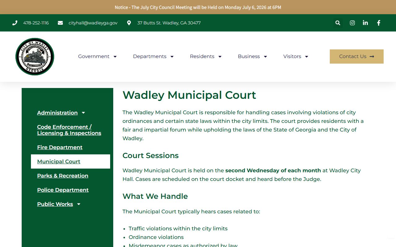 Jefferson County traffic court records Wadley Municipal Court page